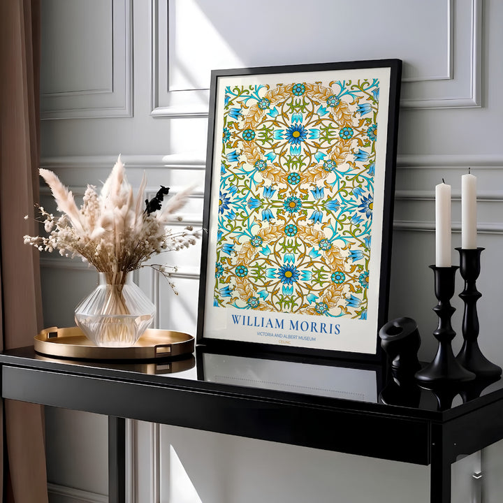Elegant William Morris floral print capturing an 1877 vintage exhibition design with blue and golden ochre tile motifs to enhance traditional or modern home interior design.