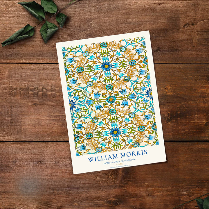 Decorative wall art print of William Morris Ceiling blue and gold poster set against a clean cream margin, bringing timeless vintage British botanical elegance into home interior spaces.