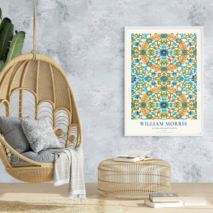 Authentic Arts and Crafts Ceiling design print by William Morris, bringing organic energy, refined English heritage art, and vibrant blue and ochre contrast into cozy home living spaces.