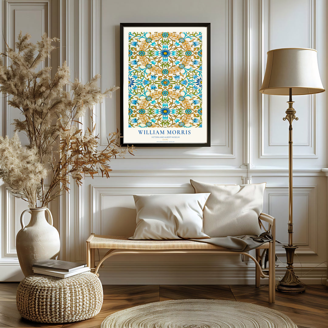 Fine graphic print featuring the detailed textile art of William Morris titled Ceiling, serving as a sophisticated centerpiece for Victorian, Mediterranean, or colorful room decor themes.