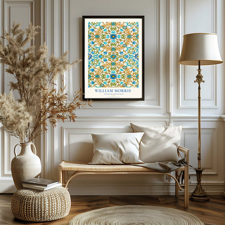 Fine graphic print featuring the detailed textile art of William Morris titled Ceiling, serving as a sophisticated centerpiece for Victorian, Mediterranean, or colorful room decor themes.