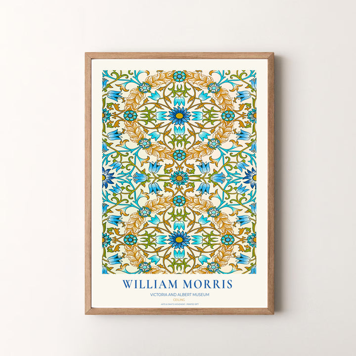 Museum quality visual print of William Morris Ceiling displaying historical architectural tapestry graphics and blue gold botanical motifs, ideal for traditional home collections and art displays.