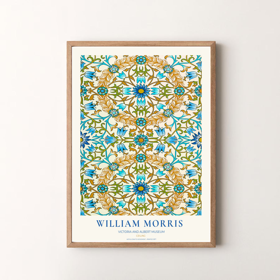 Museum quality visual print of William Morris Ceiling displaying historical architectural tapestry graphics and blue gold botanical motifs, ideal for traditional home collections and art displays.