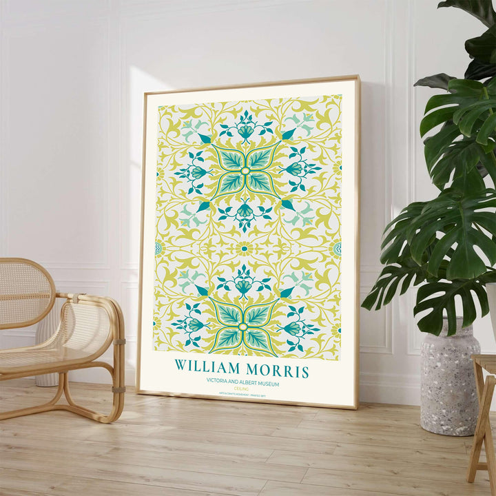 Detailed artwork print rendition of the iconic William Morris Ceiling poster, highlighting deep turquoise, teal blue, chartreuse yellow, and mint green tones ideal for dining room focal points.