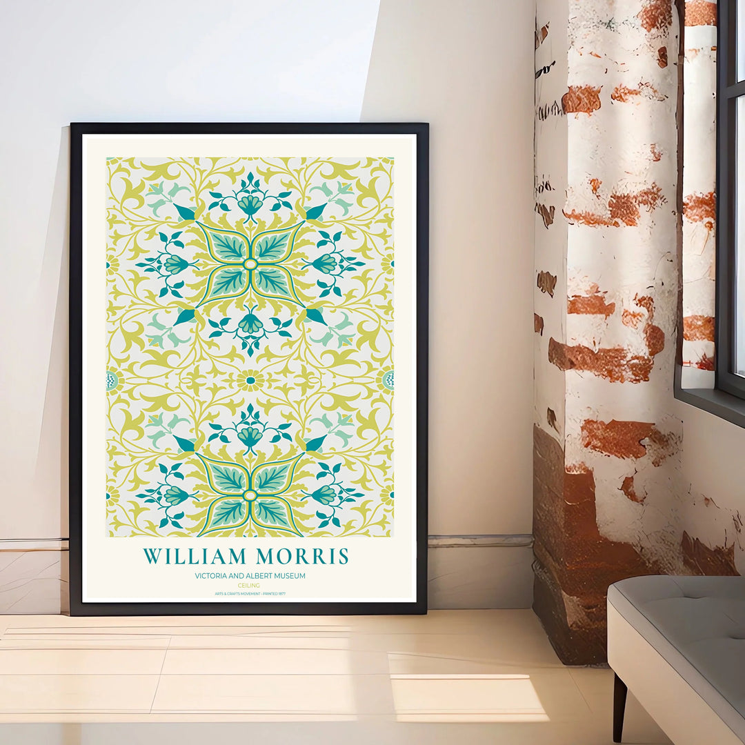 Archival William Morris Ceiling tile print featuring classic Arts and Crafts Movement textile graphics, printed with vivid archival inks on premium paper for museum quality gallery displays.