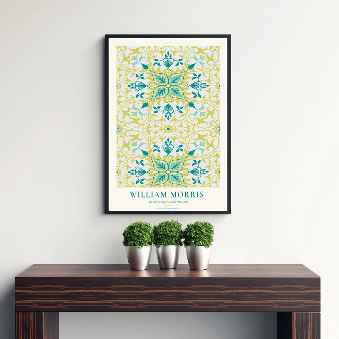 Decorative wall art print of William Morris Ceiling teal and chartreuse poster set against a clean cream margin, bringing timeless vintage British botanical elegance into home interior spaces.