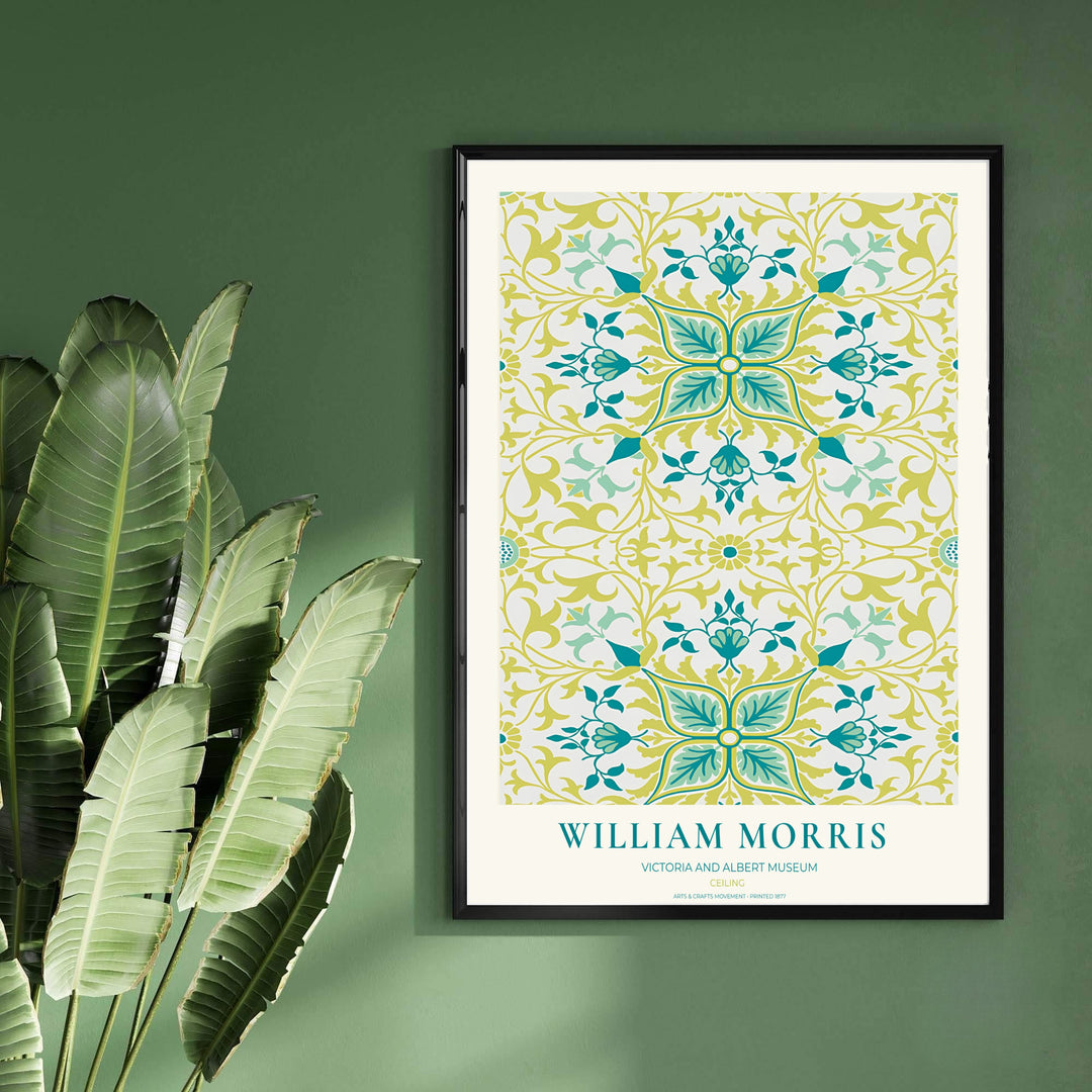 Fine art print showcasing the intricate geometric and leaf detailing of William Morris Ceiling, offering an ornamental tile aesthetic with green floral shapes for living room decor.