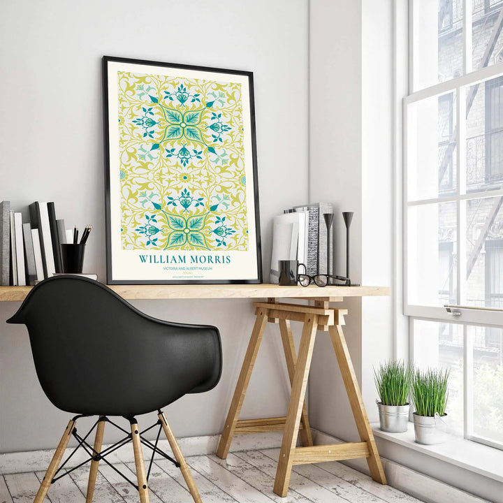 Historic artwork print of William Morris Ceiling, capturing stylized radial leaf stars, botanical tendrils, and soft cream backgrounds suited for dining room, hallway, and bedroom wall spaces.