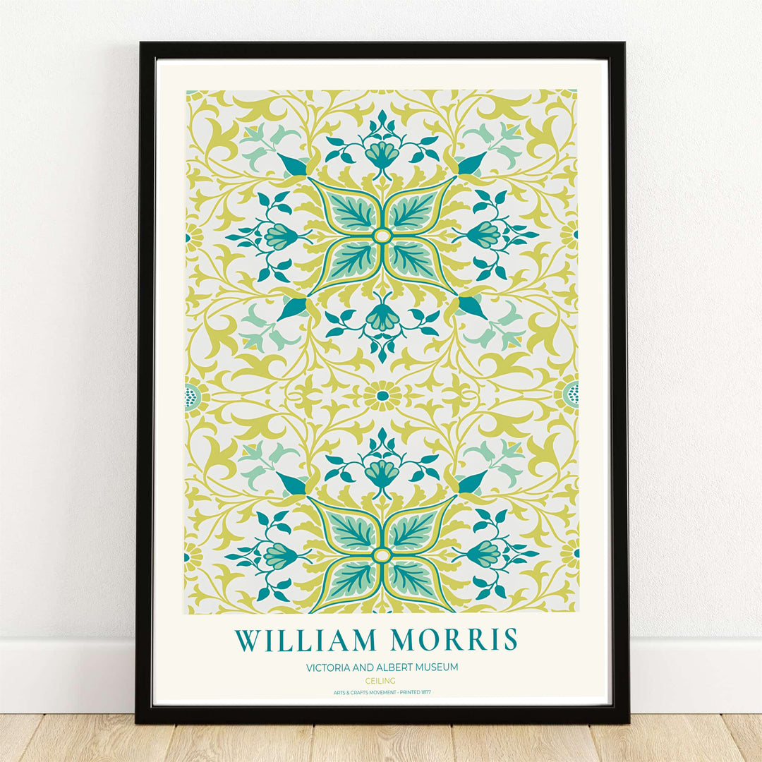 High quality William Morris Ceiling teal chartreuse green tile print displaying symmetrical botanical stars and intricate leafy tendrils perfect for vibrant living room wall decor.