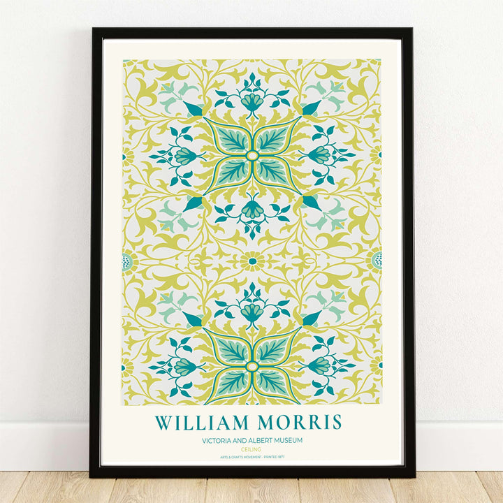High quality William Morris Ceiling teal chartreuse green tile print displaying symmetrical botanical stars and intricate leafy tendrils perfect for vibrant living room wall decor.
