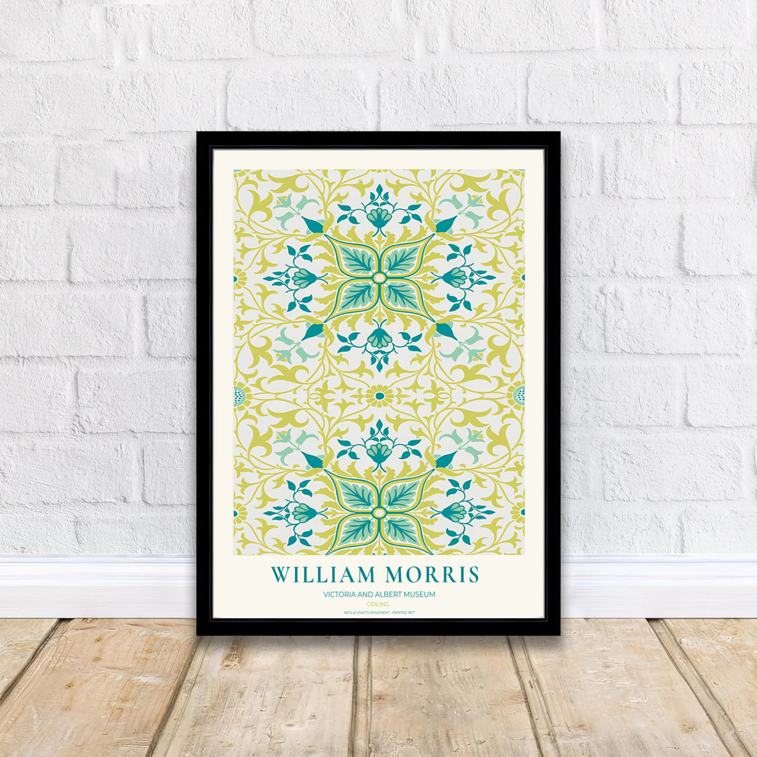 Premium heritage botanical print of the historic 1877 Ceiling layout by William Morris, ideal for styling bright interior spaces or building an eclectic vintage art poster collection across home rooms.