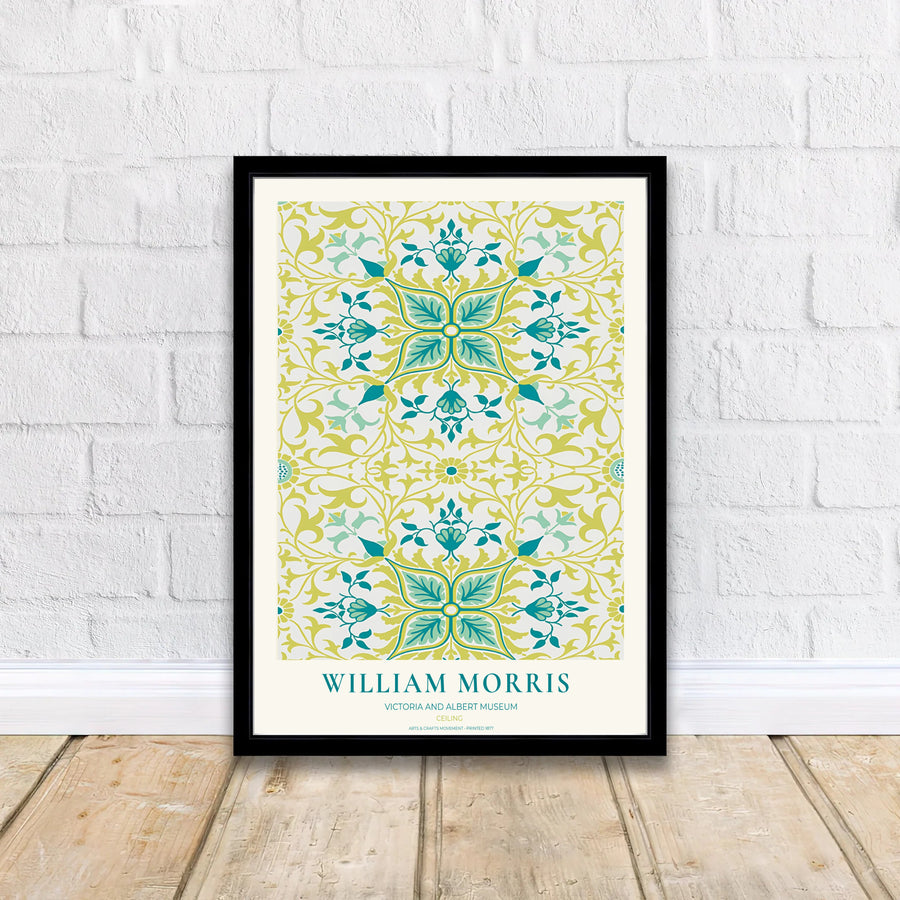 Premium heritage botanical print of the historic 1877 Ceiling layout by William Morris, ideal for styling bright interior spaces or building an eclectic vintage art poster collection across home rooms.