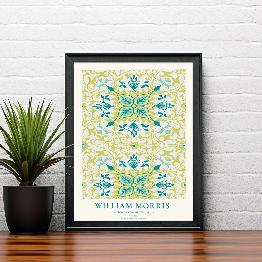 Modern decorative floral print of William Morris Ceiling featuring detailed interlocking botanical rosettes and chartreuse tendril patterns, ideal for contemporary wall decoration and light filled living areas.