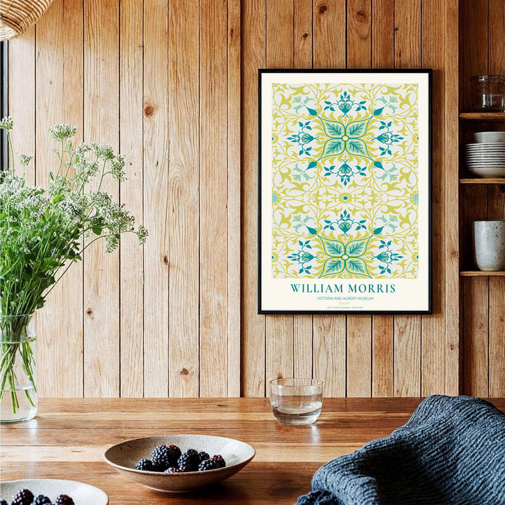 Classic William Morris Ceiling teal green print, adding a charming vintage flair and rich botanical detail to warm living room arrangements, entryways, and traditional interior spaces.