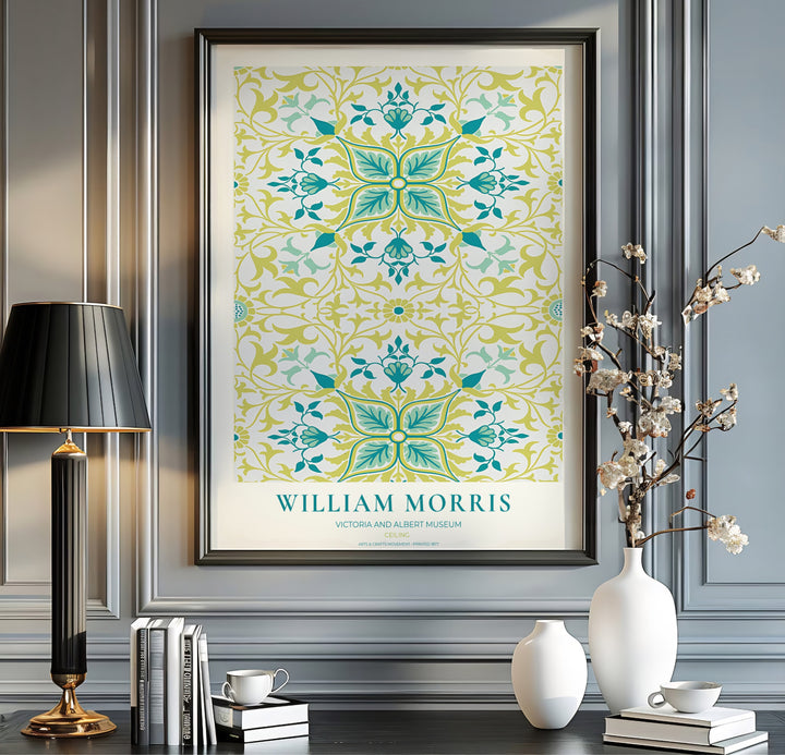 Sophisticated William Morris Ceiling floral poster print, designed to coordinate with modern home accents, green tones, and vibrant tile botanical wall art gallery layout compositions.