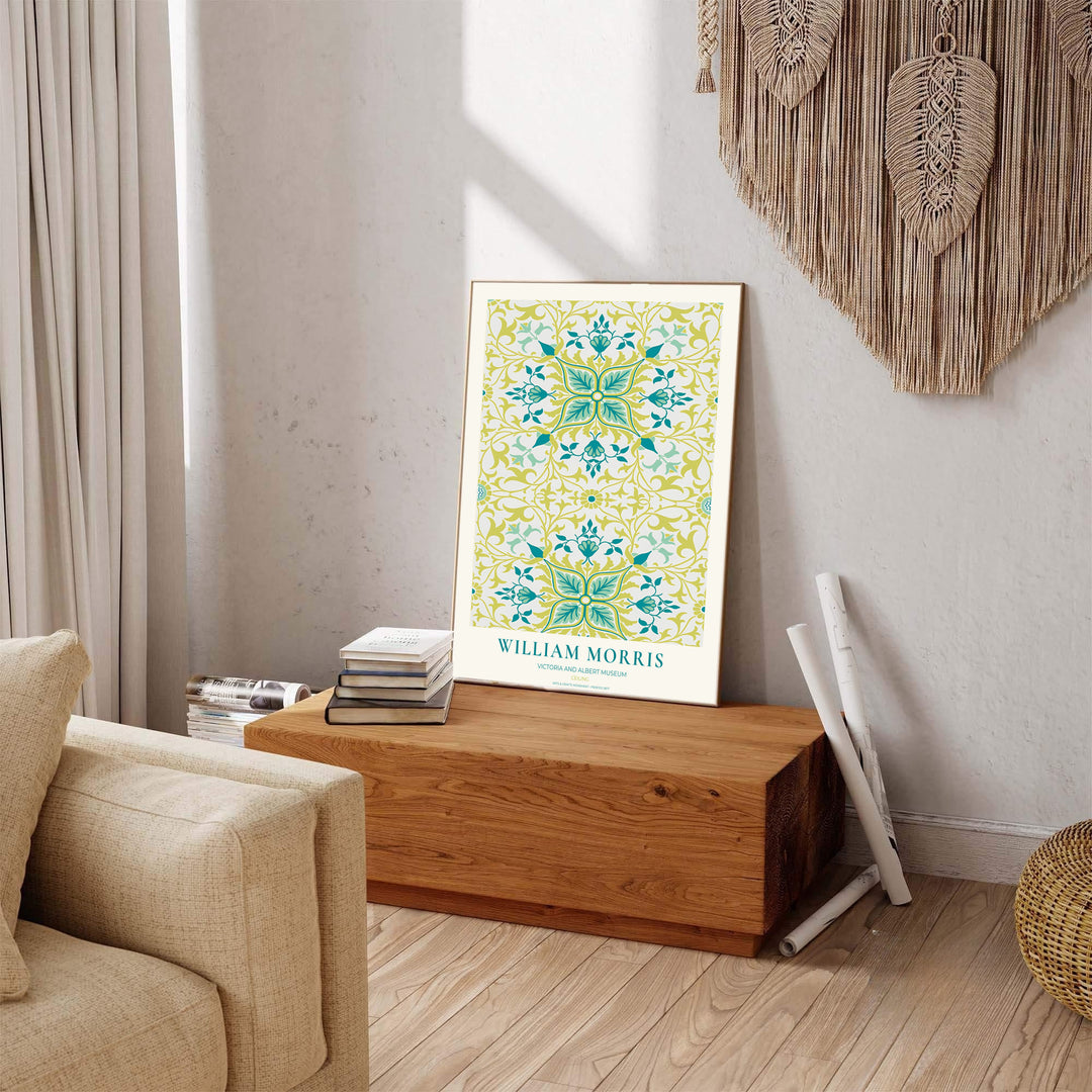 Detailed botanical illustration print displaying the swirling foliage movement and blooming teal rosettes of William Morris, perfect for striking wall arrangements and modern gallery collections.