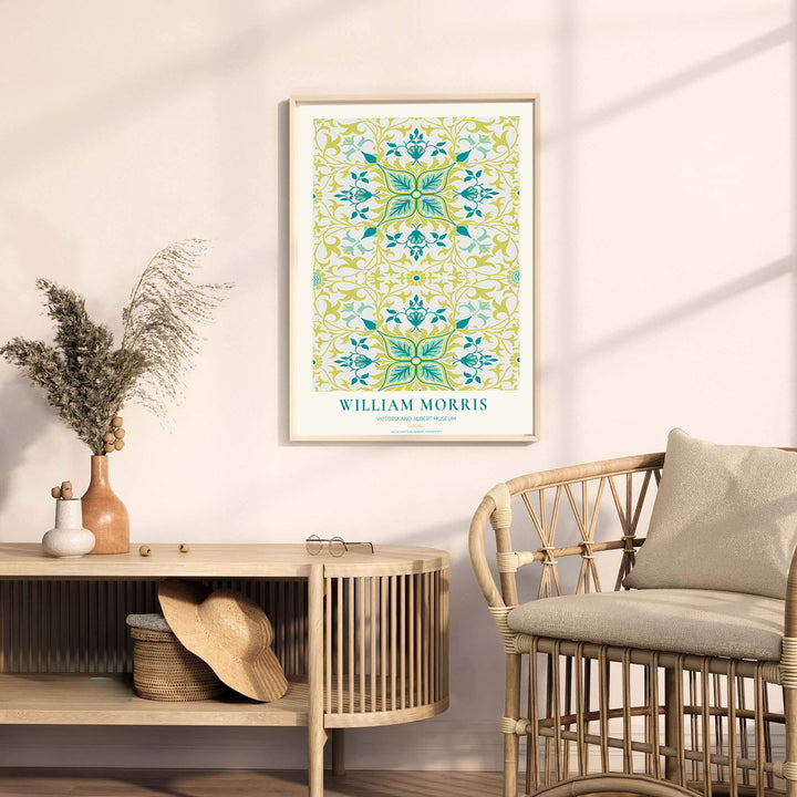 Beautiful Arts and Crafts Ceiling motif print by William Morris, ideal for creating an artistic focal point in hallways, studies, or dining areas seeking classic British heritage visual charm.