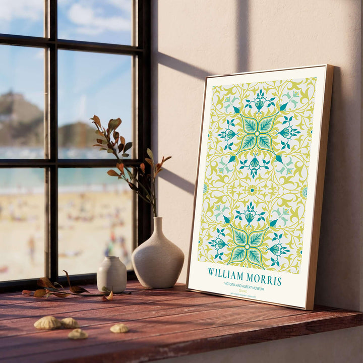 Timeless William Morris Ceiling botanical art print, combining fluid vintage movement with historic exhibition typography elements to suit versatile living room and dining room interior decorating themes.
