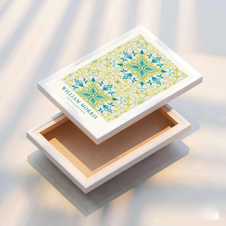 High definition graphic print of the renowned Ceiling design by William Morris, showcasing lush foliage details and fresh teal and chartreuse green tones for lasting aesthetic appeal in residential spaces.