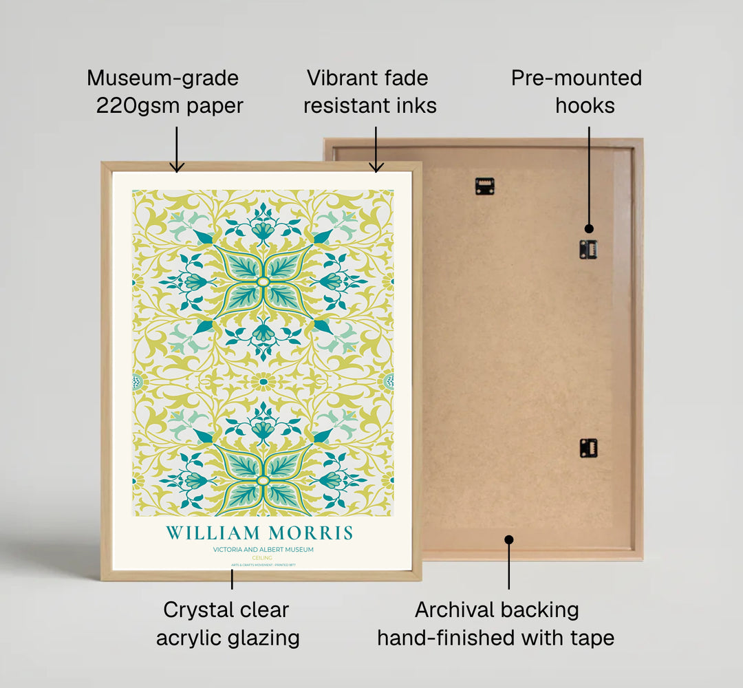 Historic poster print of the famous William Morris Ceiling design, showing fine museum exhibition text at the base and full botanical artistry across the main sheet for decorative wall display.