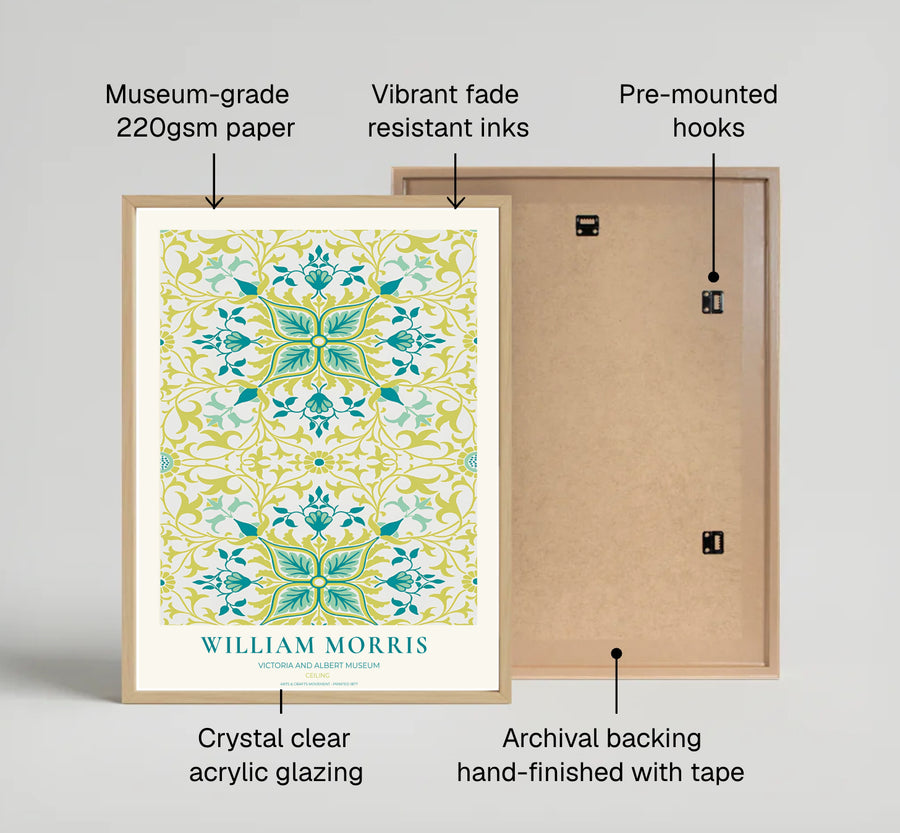 Historic poster print of the famous William Morris Ceiling design, showing fine museum exhibition text at the base and full botanical artistry across the main sheet for decorative wall display.