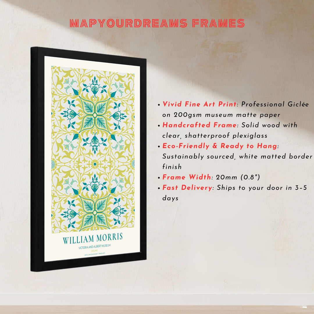 High quality art print showing William Morris Ceiling vintage botanical artwork, meticulously produced to ensure long lasting color stability and stunning visual appeal in modern home interiors.