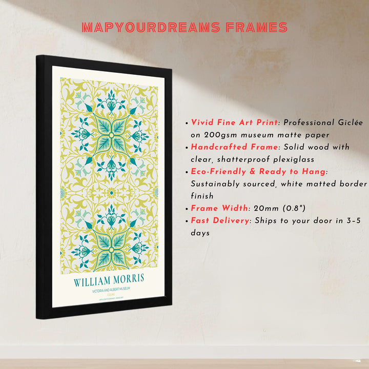 High quality art print showing William Morris Ceiling vintage botanical artwork, meticulously produced to ensure long lasting color stability and stunning visual appeal in modern home interiors.