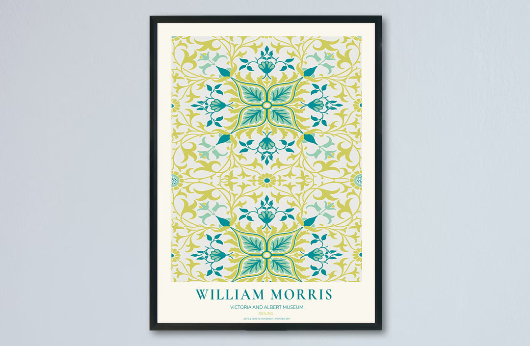 Decorative artwork print of William Morris Ceiling featuring symmetrical leaf fills, chartreuse highlights, and a clean cream border suitable for luxury interior styling and wall displays.