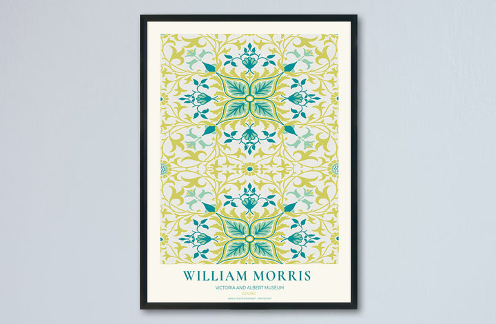 Decorative artwork print of William Morris Ceiling featuring symmetrical leaf fills, chartreuse highlights, and a clean cream border suitable for luxury interior styling and wall displays.