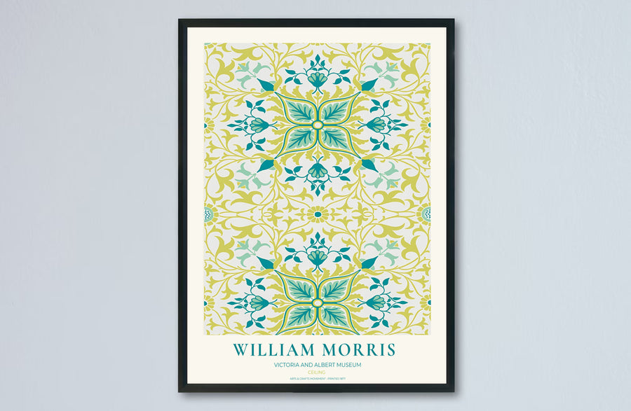 Decorative artwork print of William Morris Ceiling featuring symmetrical leaf fills, chartreuse highlights, and a clean cream border suitable for luxury interior styling and wall displays.