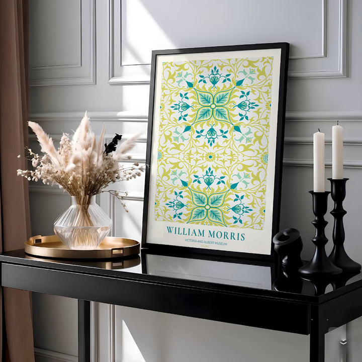 Elegant William Morris floral print capturing an 1877 vintage exhibition design with teal blue and chartreuse green tile motifs to enhance traditional or modern home interior design.