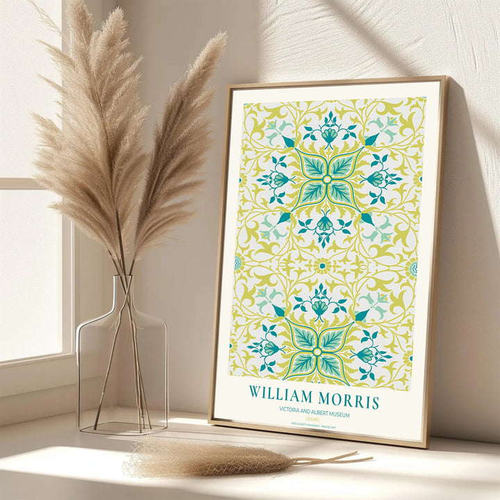 Authentic Arts and Crafts Ceiling design print by William Morris, bringing organic energy, refined English heritage art, and vibrant teal and green contrast into cozy home living spaces.