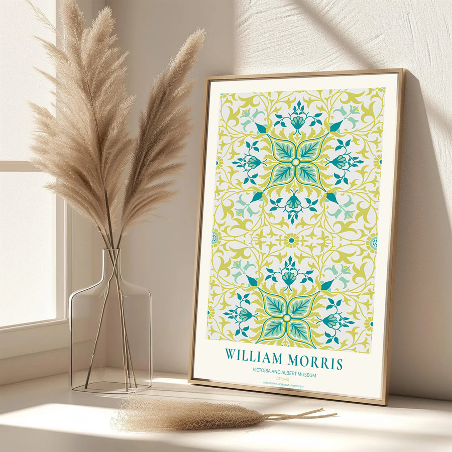 Authentic Arts and Crafts Ceiling design print by William Morris, bringing organic energy, refined English heritage art, and vibrant teal and green contrast into cozy home living spaces.