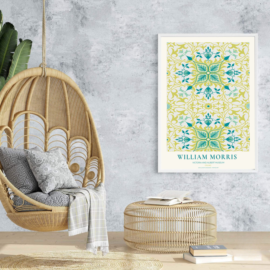 Fine graphic print featuring the detailed textile art of William Morris titled Ceiling, serving as a sophisticated centerpiece for Victorian, Scandinavian, or colorful room decor themes.