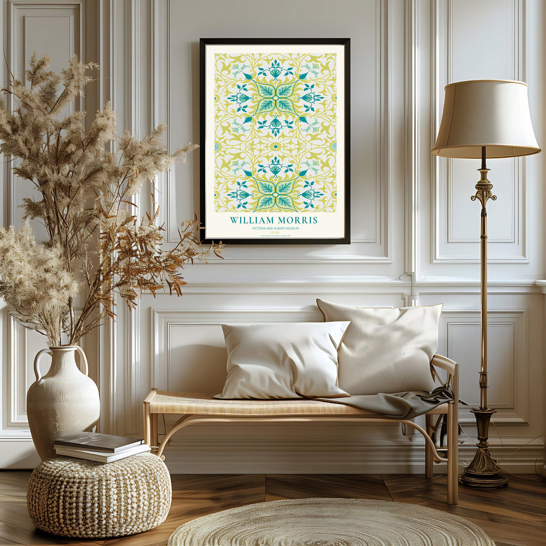 Detailed botanical artwork print displaying the famed Ceiling pattern by William Morris, expertly rendered to highlight historic textile elements and artistic craftsmanship for stylish home decor.