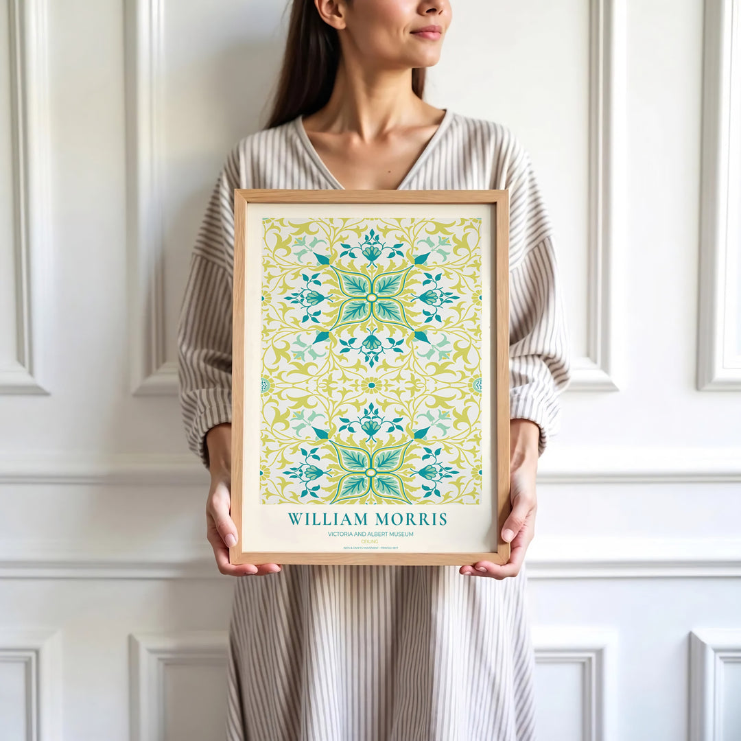 Archival visual print featuring William Morris Ceiling foliage patterns, offering clean museum text borders and symmetrical tile movement suitable for home library, hallway, or study accent walls.