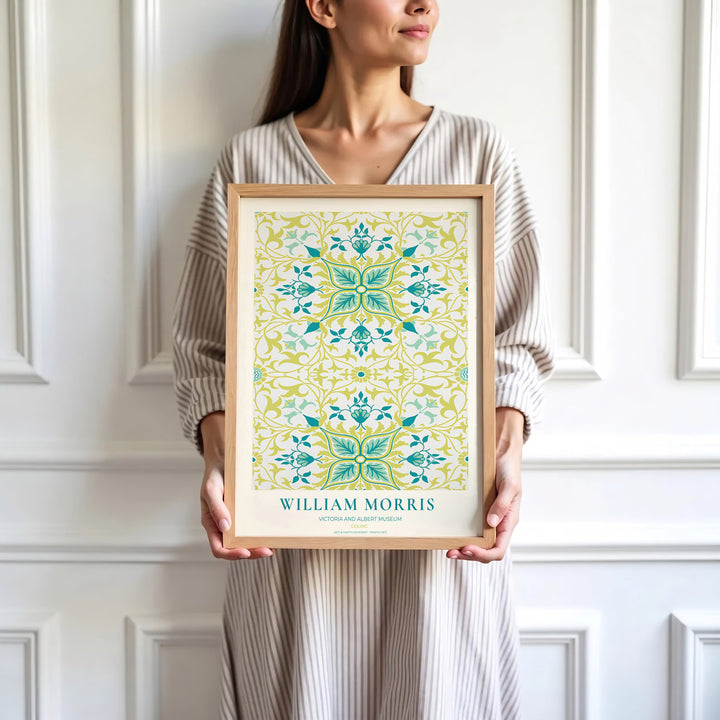 Archival visual print featuring William Morris Ceiling foliage patterns, offering clean museum text borders and symmetrical tile movement suitable for home library, hallway, or study accent walls.