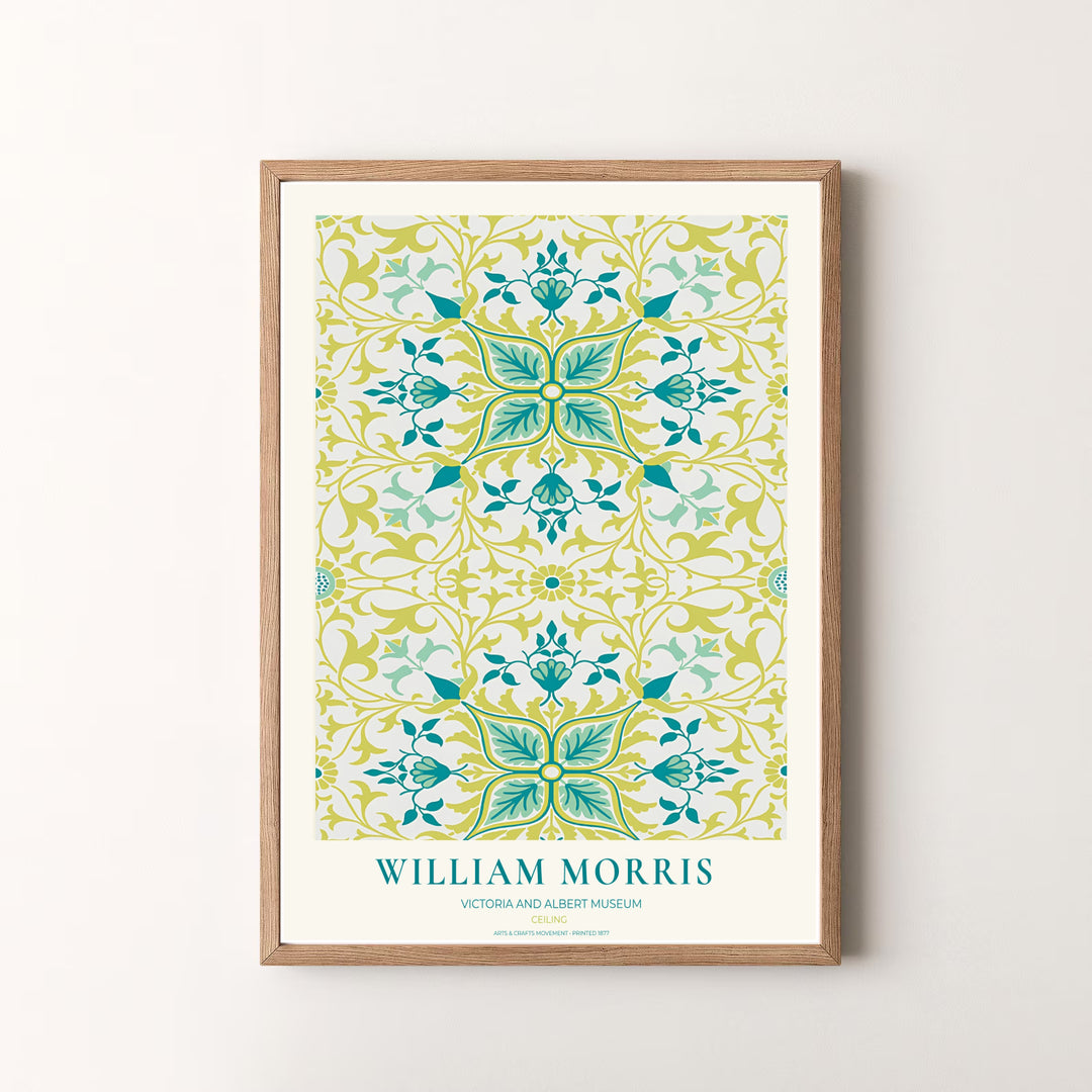 Museum quality visual print of William Morris Ceiling displaying historical architectural tapestry graphics and teal chartreuse botanical motifs, ideal for traditional home collections and art displays.