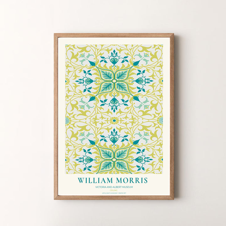 Museum quality visual print of William Morris Ceiling displaying historical architectural tapestry graphics and teal chartreuse botanical motifs, ideal for traditional home collections and art displays.