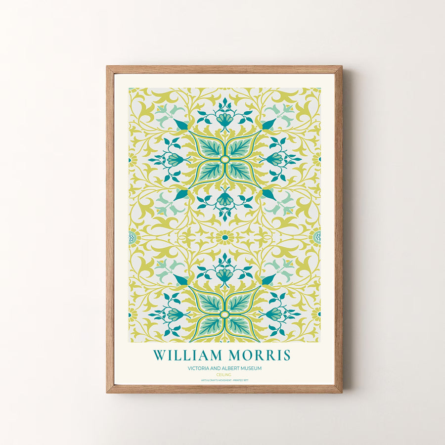 Museum quality visual print of William Morris Ceiling displaying historical architectural tapestry graphics and teal chartreuse botanical motifs, ideal for traditional home collections and art displays.