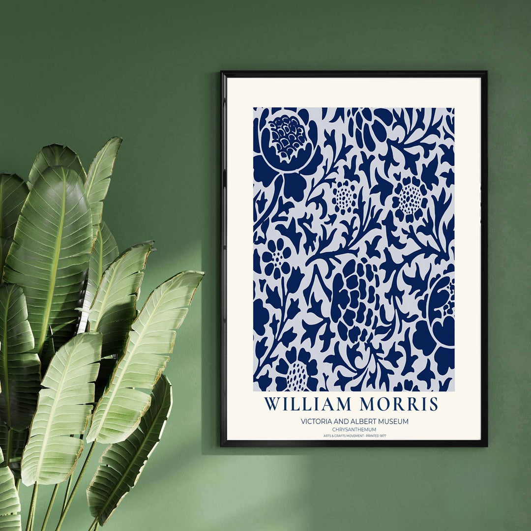Premium heritage botanical print of the historic 1877 Chrysanthemum layout by William Morris, ideal for styling bright interior spaces or building an eclectic vintage art poster collection across home rooms.