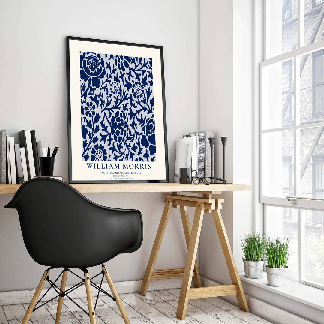 Historic artwork print of William Morris Chrysanthemum, capturing stylized flower blossoms, winding leaf details, and crisp white backgrounds suited for dining room, hallway, and bedroom wall spaces.