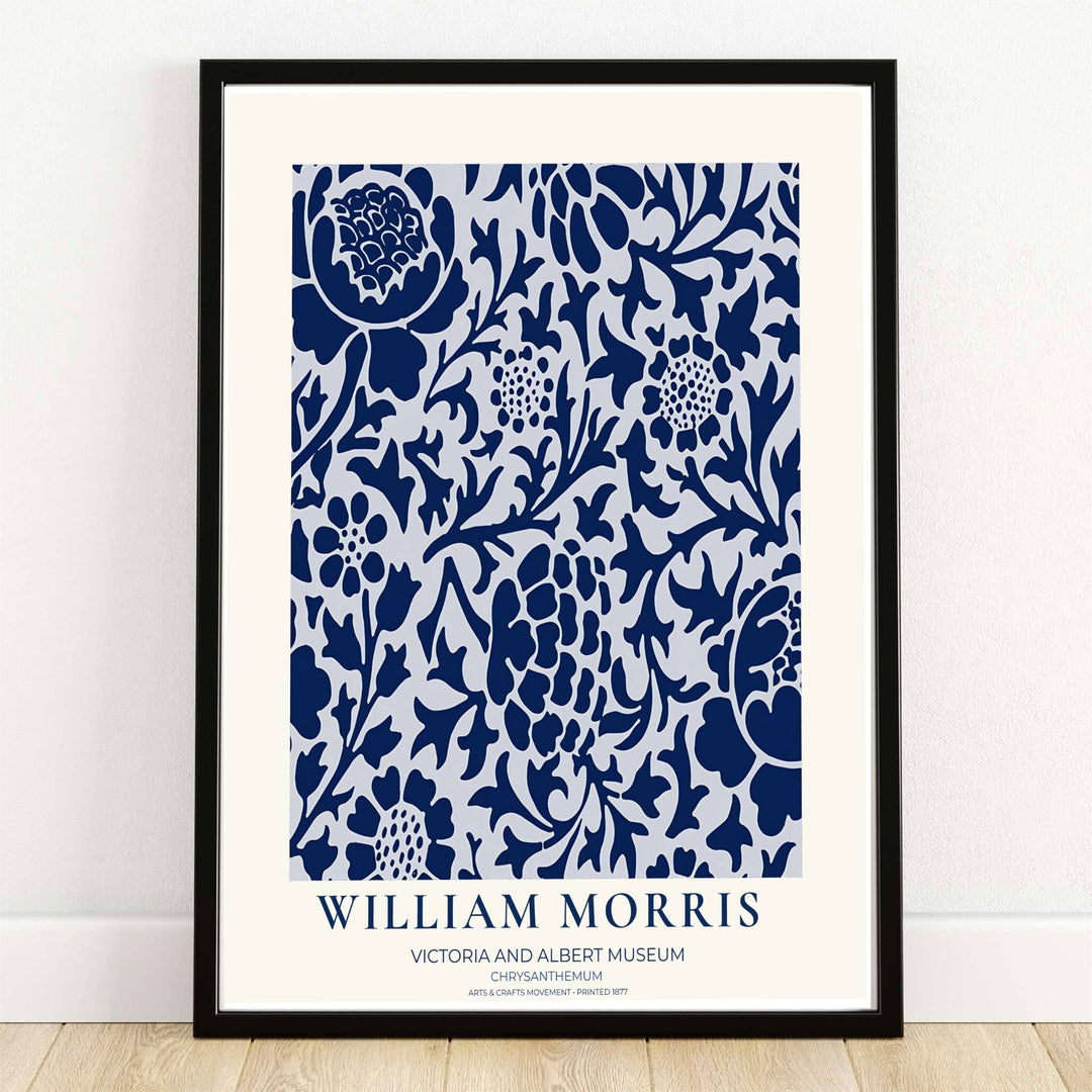 High quality William Morris Chrysanthemum navy blue white print displaying bold blooming floral shapes and detailed foliage perfect for crisp living room wall decor.