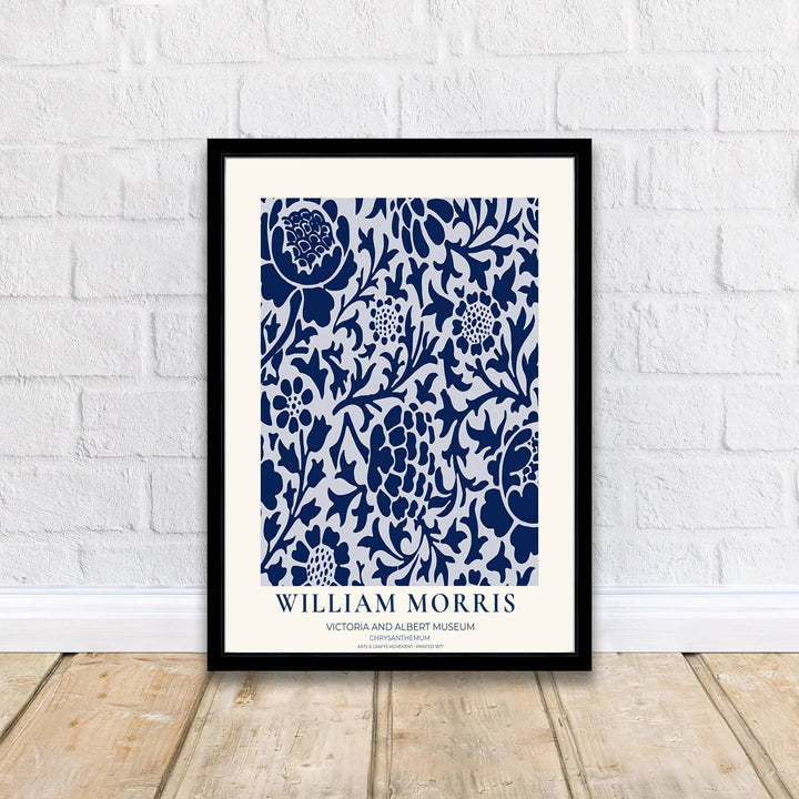 Modern decorative floral print of William Morris Chrysanthemum featuring detailed blooming flowers and bold leaf patterns, ideal for contemporary wall decoration and light filled living areas.