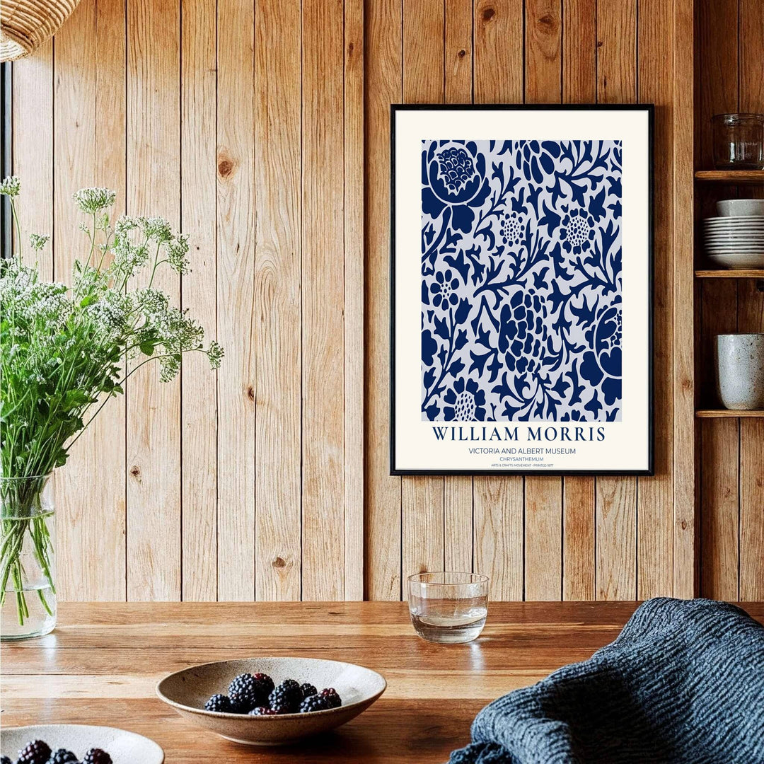 Detailed botanical artwork print displaying the famed Chrysanthemum pattern by William Morris, expertly rendered to highlight historic textile elements and artistic craftsmanship for stylish home decor.