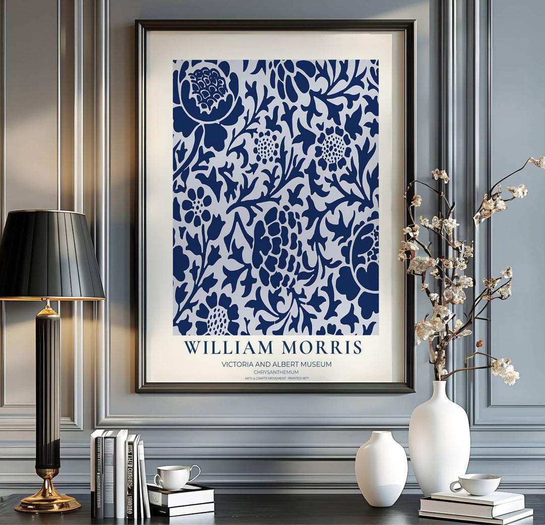 Sophisticated William Morris Chrysanthemum floral poster print, designed to coordinate with coastal home accents, navy blue tones, and high contrast botanical wall art gallery layout compositions.