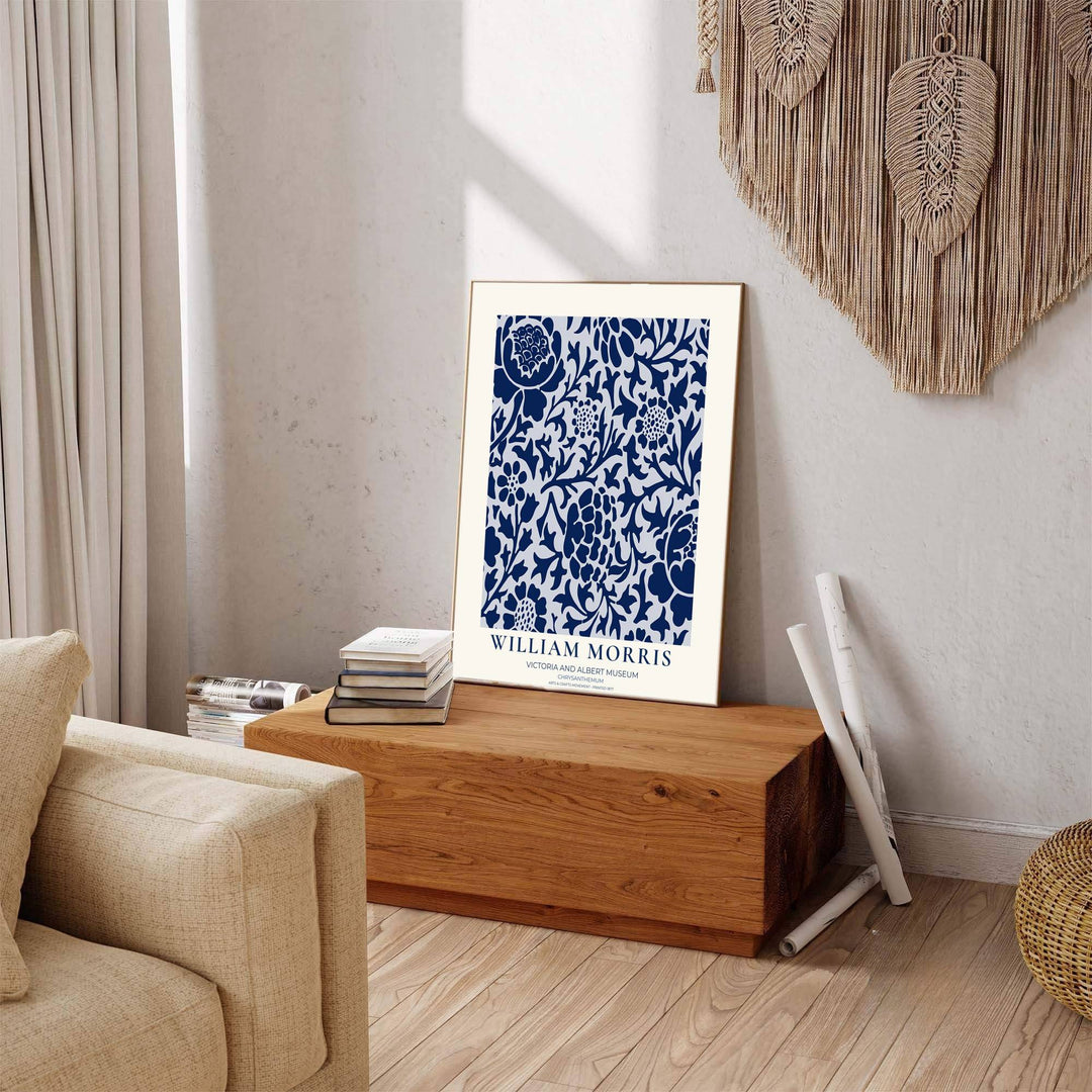 Detailed botanical illustration print displaying the swirling foliage movement and blooming chrysanthemum heads of William Morris, perfect for striking wall arrangements and modern gallery collections.