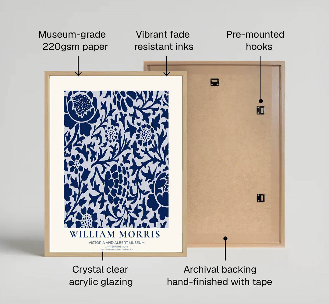 High definition graphic print of the renowned Chrysanthemum design by William Morris, showcasing lush foliage details and classic navy blue tones for lasting aesthetic appeal in residential spaces.