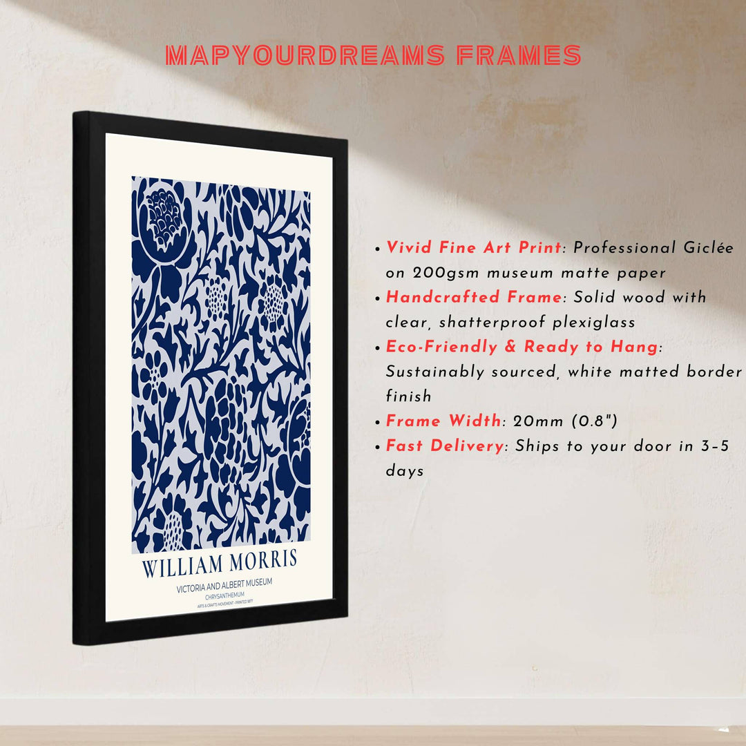 Historic poster print of the famous William Morris Chrysanthemum design, showing fine museum exhibition text at the base and full botanical artistry across the main sheet for decorative wall display.