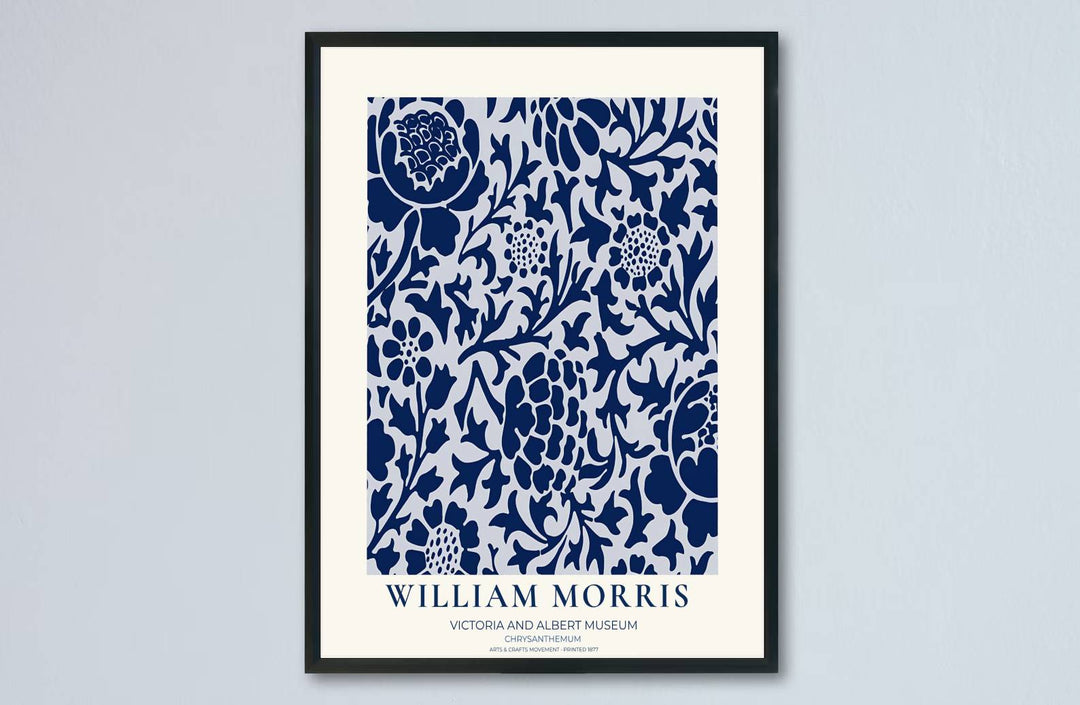High quality art print showing William Morris Chrysanthemum vintage botanical artwork, meticulously produced to ensure long lasting color stability and stunning visual appeal in modern home interiors.